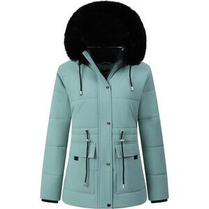 Women's Green Detachable Hood Puffer Jacket Coat Fleece Lined Winter Faux Fur